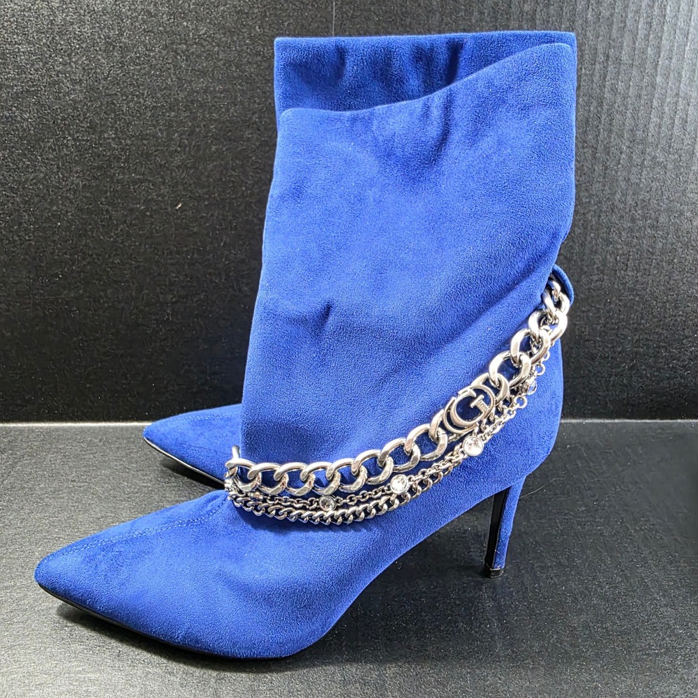 Guess Royal Blue Faux Suede Chain Link Stiletto Ankle Boots‎ Size 9M